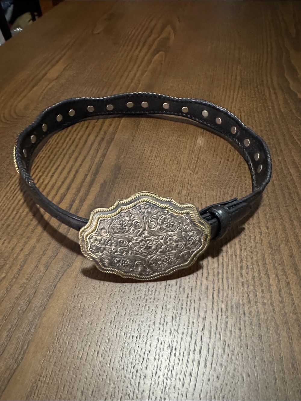 Decorative Floral Engraved Belt with Antique Gold Buckle - Black